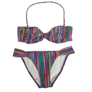 VICTORIAS SECRET Bikini Halter Twist Top Ruched Bottoms Stripe Multicolor Medium